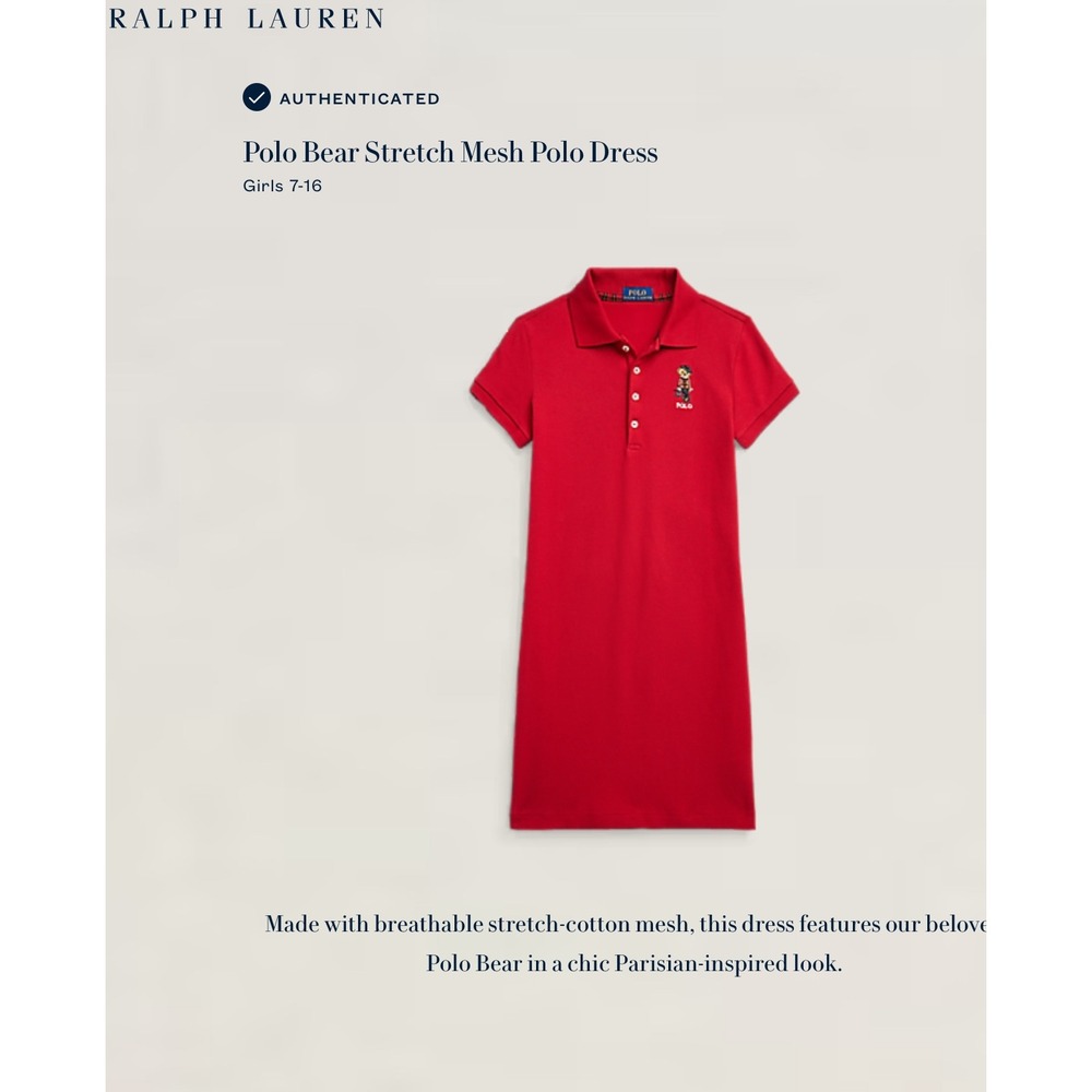 Polo Ralph Lauren Girls Red Polo Bear Stretch Mesh Dress Tennis dress XL 16 New - Picture 2 of 8